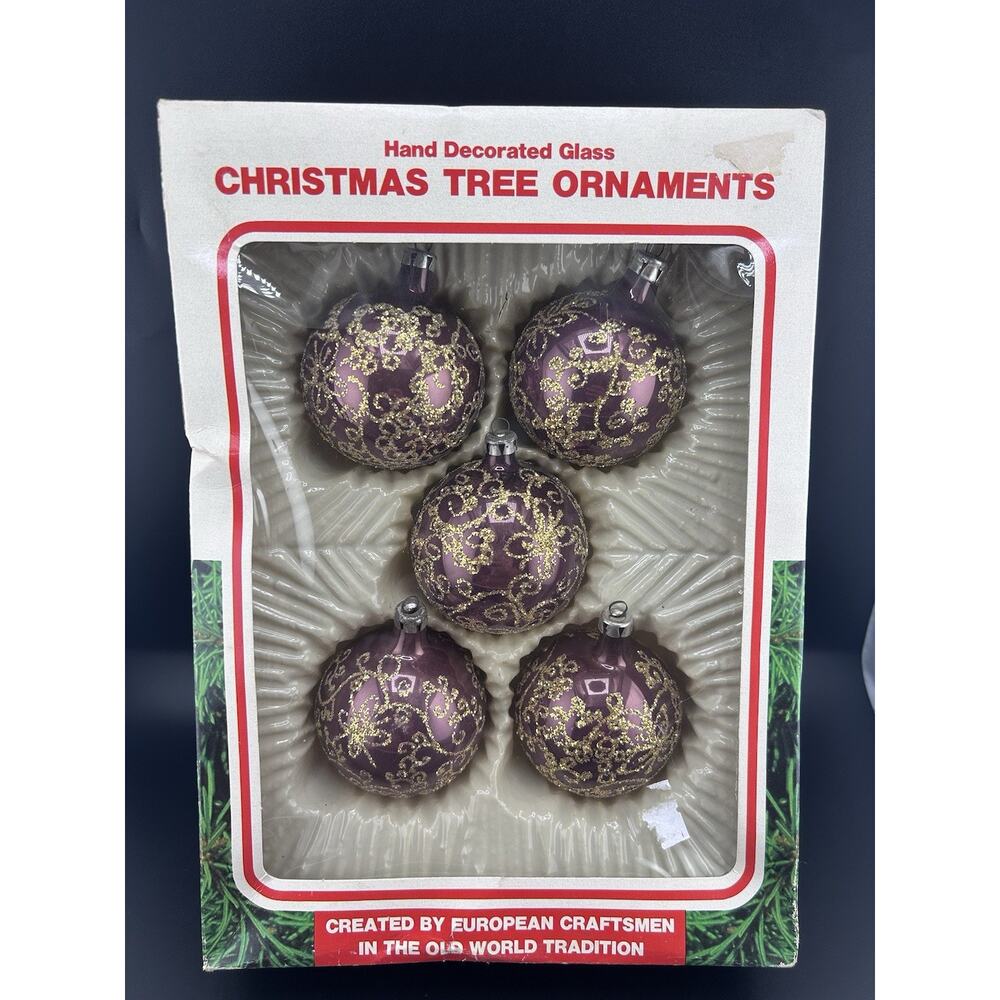 Vintage Hand Decorated 5 Plum Glass Christmas Ornaments Romania Glitter Pattern